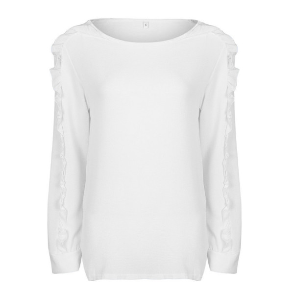 Μοντέρνο πουλόβερ κυρίες με κολάρο σε σχήμα O και ενδιαφέρον μανίκια σε λευκό χρώμα