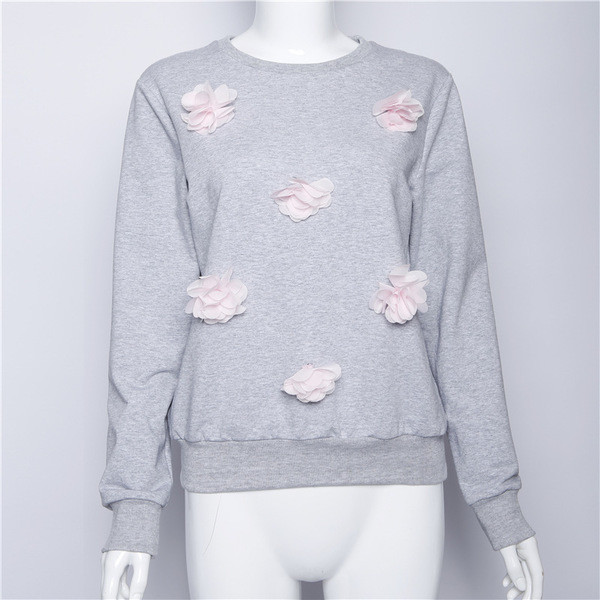 Σπορ-κομψή κυρία μπλούζα με 3D ψευδώνυμα λουλούδια σε γκρι και ροζ χρώμα