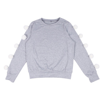 Есенно-зимен дамски пуловер с О-образна яка в сив цвят с бели пухени топчета по ръкавите