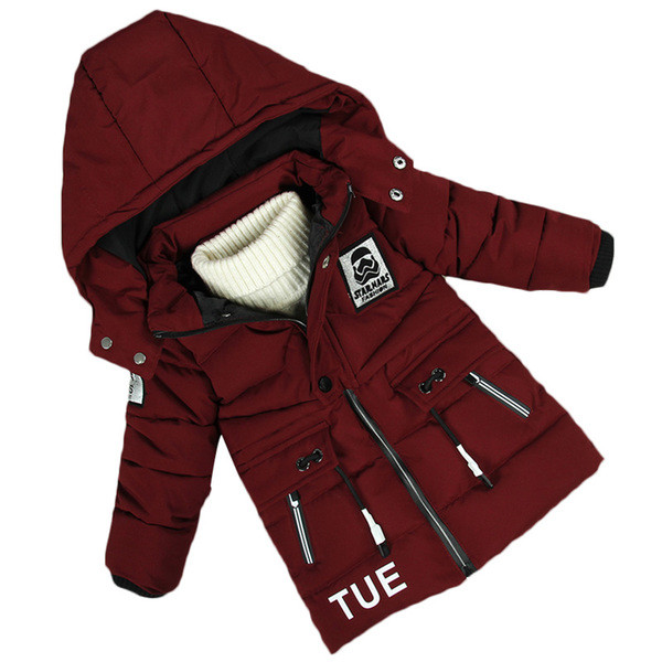 Детско зимно яке за момчета с качулка и апликация на гърба в четири цвята