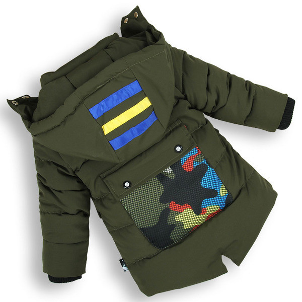 Βρεφικό σακάκι χειμωνιάτικο για αγόρια με κουκούλα και έγχρωμη τσέπη στο πίσω μέρος σε τέσσερα χρώματα