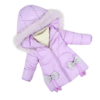 Детско зимно яке за момичета с качулка с пух и с панделки в четири цвята
