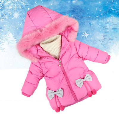 Детско зимно яке за момичета с качулка с пух и с панделки в четири цвята