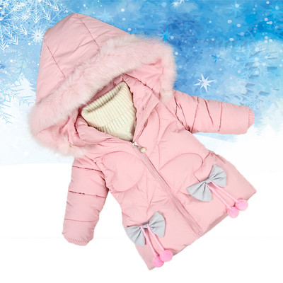 Детско зимно яке за момичета с качулка с пух и с панделки в четири цвята