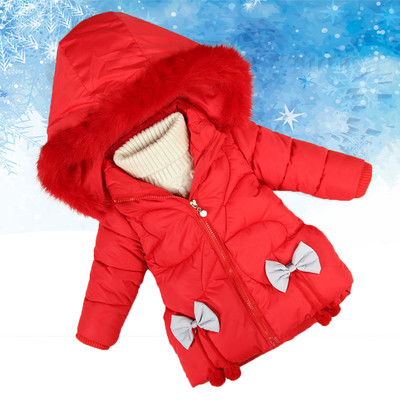 Детско зимно яке за момичета с качулка с пух и с панделки в четири цвята