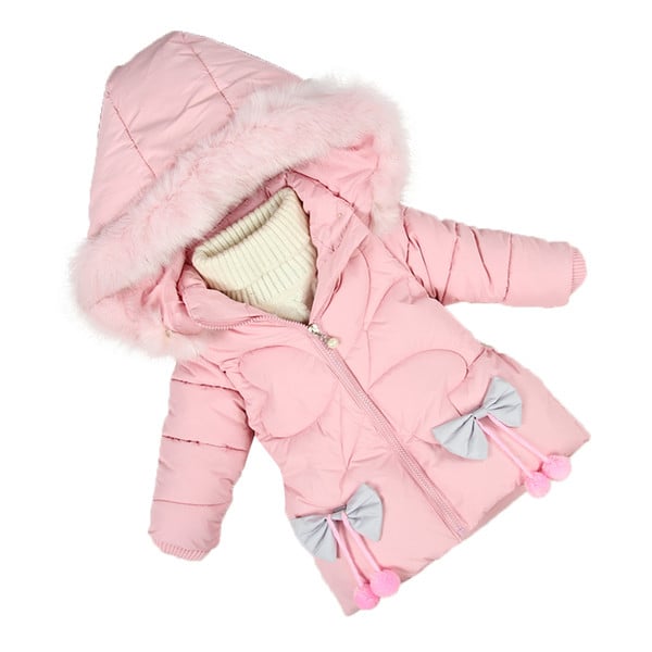 Детско зимно яке за момичета с качулка с пух и с панделки в четири цвята