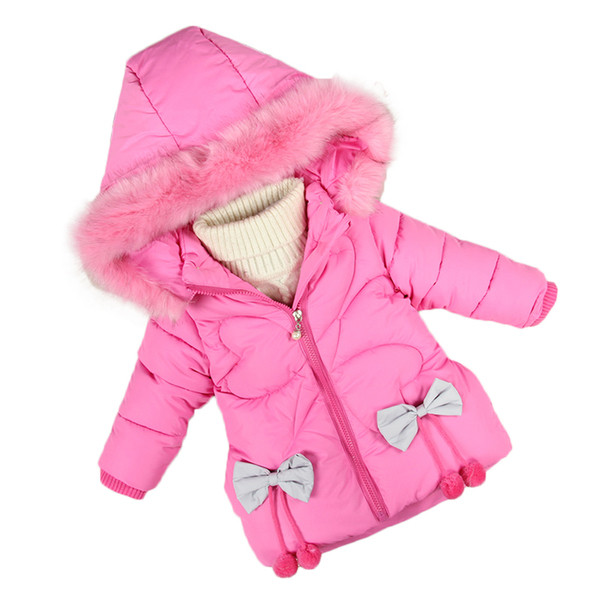 Детско зимно яке за момичета с качулка с пух и с панделки в четири цвята