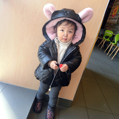 Дебело зимно детско яке в семпъл модел с топла качулка с ушички в черен,розов и лилав цвят