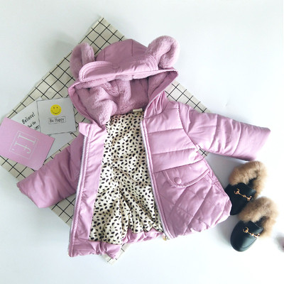 Дебело зимно детско яке в семпъл модел с топла качулка с ушички в черен,розов и лилав цвят