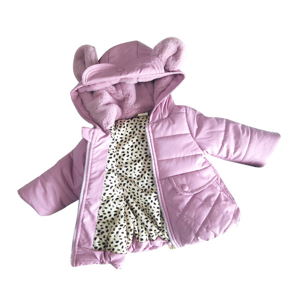 Дебело зимно детско яке в семпъл модел с топла качулка с ушички в черен,розов и лилав цвят