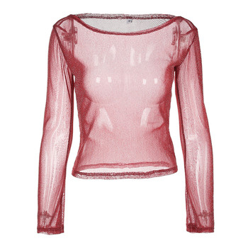 Прозрачна лъскава дамска блуза с паднали рамене