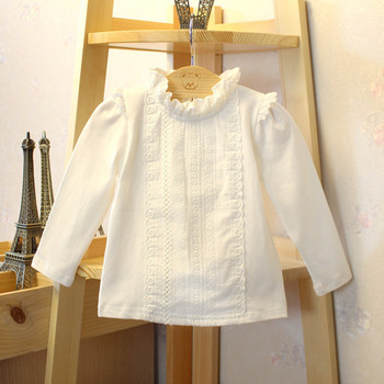 Модерна детска блуза за момичета с къдрава яка в бял цвят