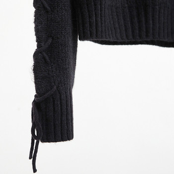стилен дамски плетен пуловер с връзки по ръкавите