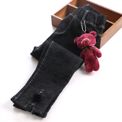 Детски ежедневен дънков клин за момичета с пухче и сладка декорациика меченце