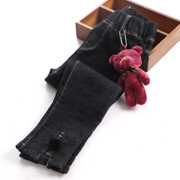 Детски ежедневен дънков клин за момичета с пухче и сладка декорациика меченце