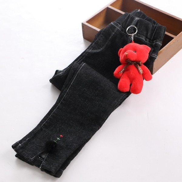 Детски ежедневен дънков клин за момичета с пухче и сладка декорациика меченце