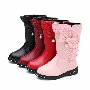 Ζεστές χειμωνιάτικες μπότες  για κορίτσια με κορδέλα, τριφύλλι και μαργαριτάρι σε τέσσερα χρώματα