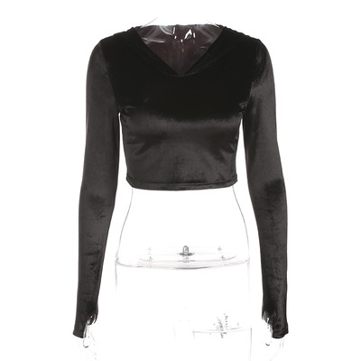 Стилна къса дамска блуза slim с качулка, подходяща за ежедневие