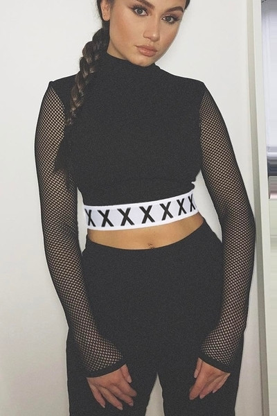 Дамска ежедневна къса блуза с мрежести ръкави в черен цвят, с поло яка