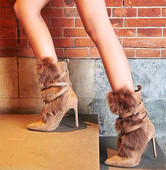 Бохемски дамски заострени боти от еко велур с пух и каишки на висок и тънък ток