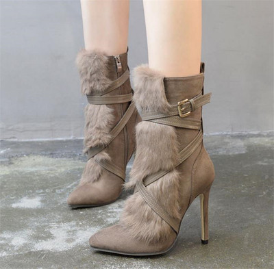 Бохемски дамски заострени боти от еко велур с пух и каишки на висок и тънък ток