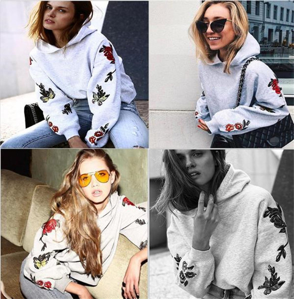 Ежедневен есенно-зимен дамски суичър с качулка и красива бродерия по ръкавите в четири цвята