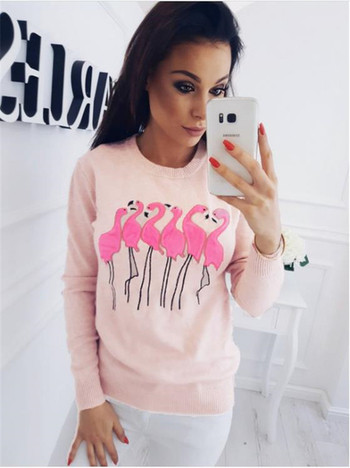 Актуален дамски пуловер с апликация на фламинги в четири цвята