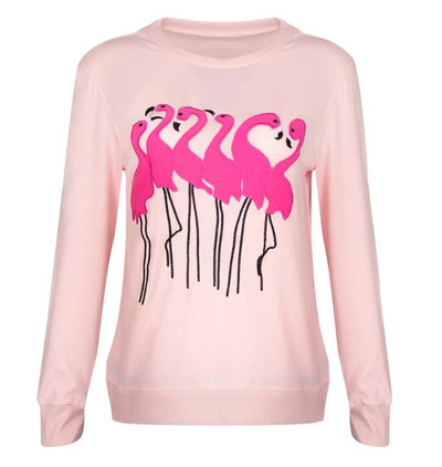 Актуален дамски пуловер с апликация на фламинги в четири цвята