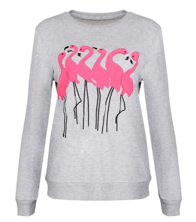 Актуален дамски пуловер с апликация на фламинги в четири цвята