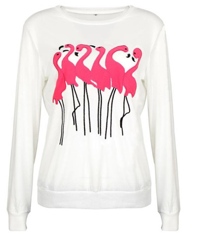 Актуален дамски пуловер с апликация на фламинги в четири цвята