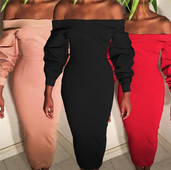 Елегантна дълга дамска рокля с паднали рамене и широки набръчкани ръкави в три цвята