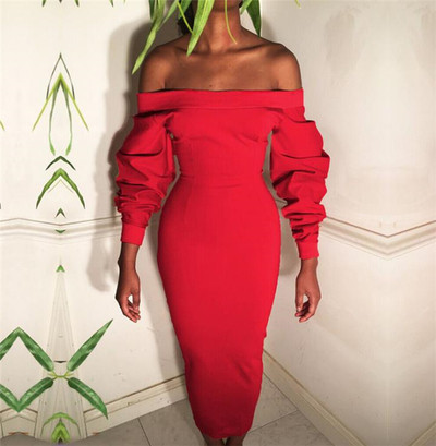 Елегантна дълга дамска рокля с паднали рамене и широки набръчкани ръкави в три цвята