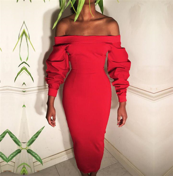 Елегантна дълга дамска рокля с паднали рамене и широки набръчкани ръкави в три цвята