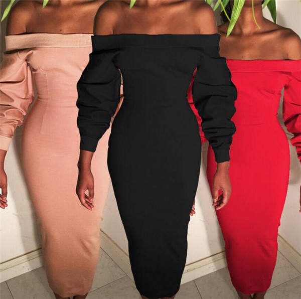 Елегантна дълга дамска рокля с паднали рамене и широки набръчкани ръкави в три цвята