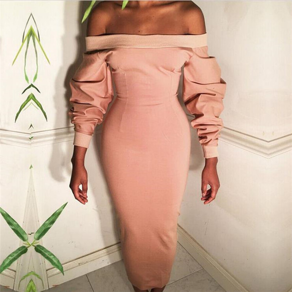 Елегантна дълга дамска рокля с паднали рамене и широки набръчкани ръкави в три цвята