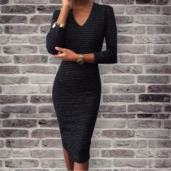 Спортно-елегантна ежедневна дълга дамска рокля с V-образна яка