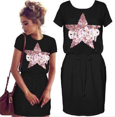 Καθημερινό γυναικείο μπλουζοφόρεμα με πούλιες και επιγραφή σε ροζ και μαύρο χρώμα