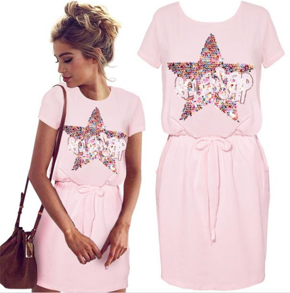 Καθημερινό γυναικείο μπλουζοφόρεμα με πούλιες και επιγραφή σε ροζ και μαύρο χρώμα