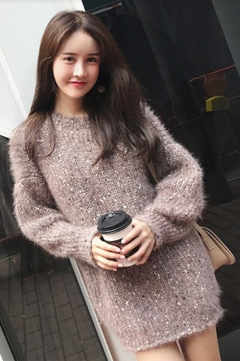 Есенно-зимен дълъг дамски пуловер с О-образна яка в свободен стил в три цвята