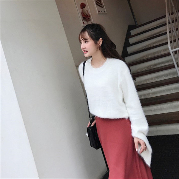 Ежедневен есенно-зимен дамски пуловер с О-образна яка и широки ръкави в два цвята