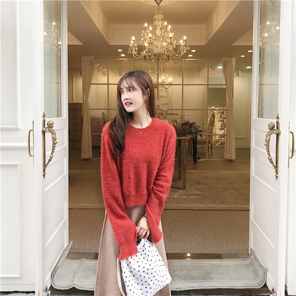 Ежедневен есенно-зимен дамски пуловер с О-образна яка и широки ръкави в два цвята