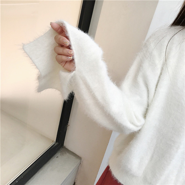 Ежедневен есенно-зимен дамски пуловер с О-образна яка и широки ръкави в два цвята