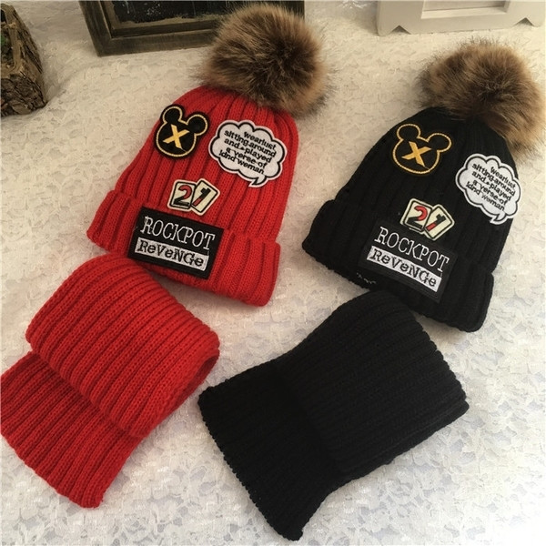 Χειμώνας Unisex Παιδικό Σετ από κασκόλ + καπέλο δύο τεμαχίων με ρουφηξιά και εκτυπώσεις σε πέντε χρώματα