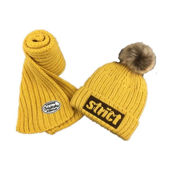 Стилен дебел зимен детски унисекс комплект от две части-шапка с надпис и щампа в пет цвята