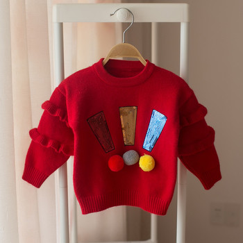 Детски пуловер за момичета от фина плетка с декорация в няколко цвята