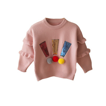 Детски пуловер за момичета от фина плетка с декорация в няколко цвята