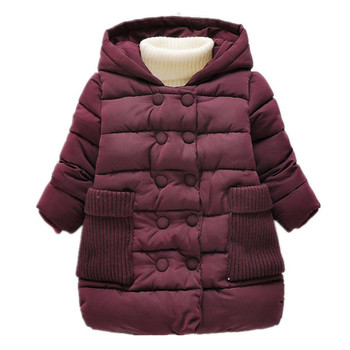 Μακρύ χειμωνιάτικο σακάκι για κορίτσια σε δύο χρώματα με κουκούλα