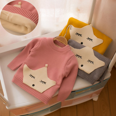 Детски подплатен пуловер за момичета в три цвята с декорация