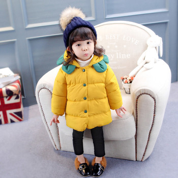 Χειμερινό σακάκι για κορίτσια με ενδιαφέρουσα κουκούλα σε κίτρινο και μαύρο χρώμα