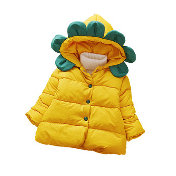 Χειμερινό σακάκι για κορίτσια με ενδιαφέρουσα κουκούλα σε κίτρινο και μαύρο χρώμα